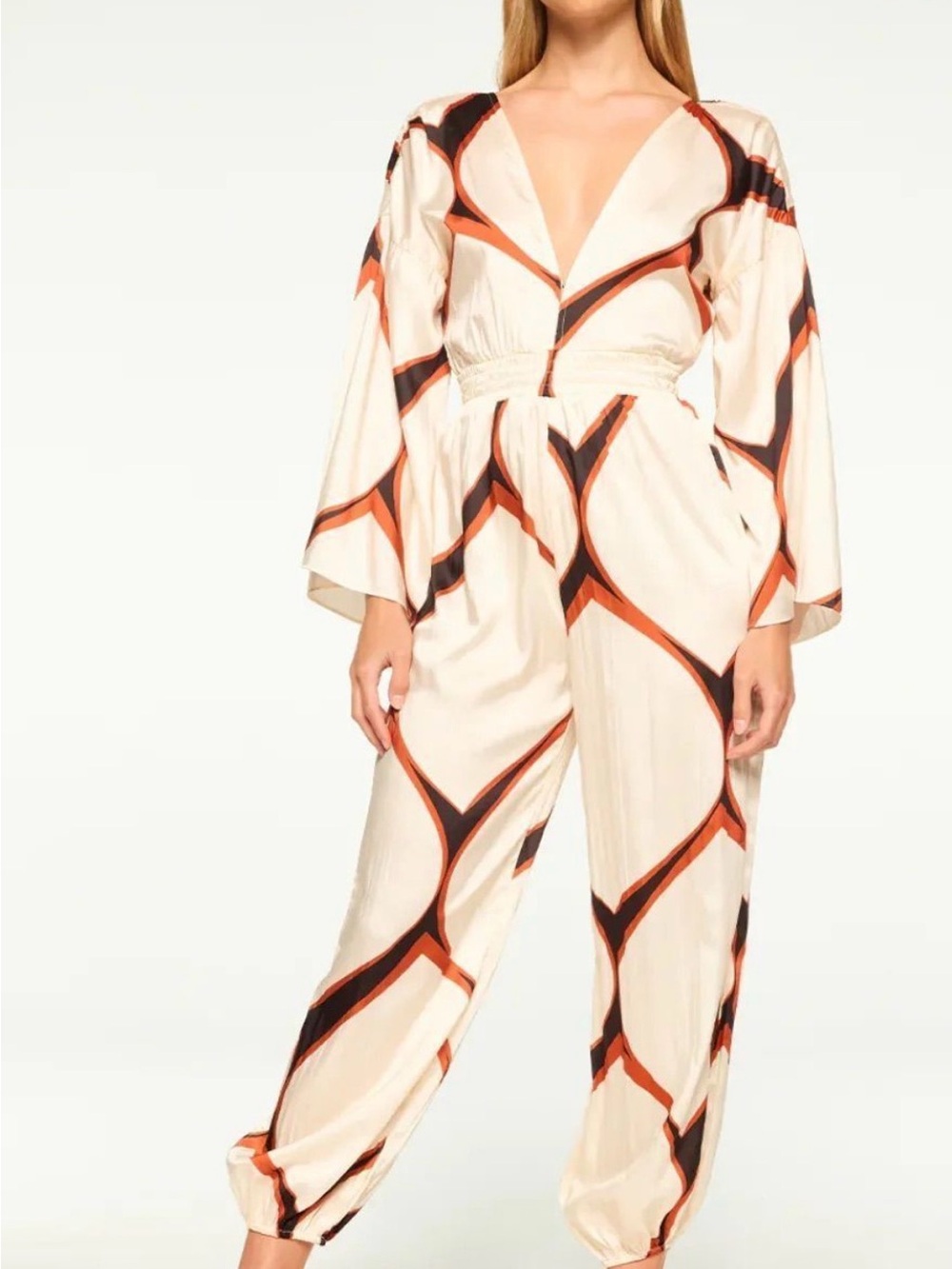 Amina CS  Cream Jumpsuit with brick & Black Geometric Accent